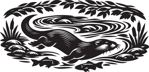 Fototapeta premium River Otter Swimming in Woodland Stream 