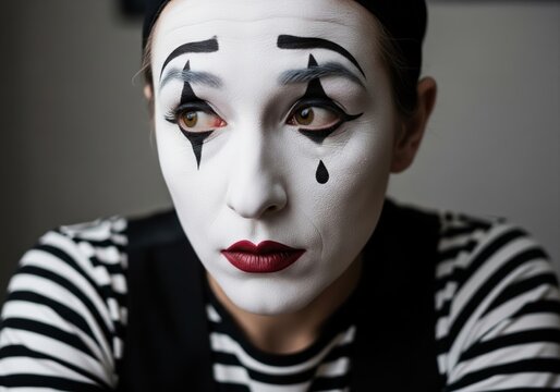 Close Up Of A Mime Artist With Painted Face Looking To The Side Thoughtfully