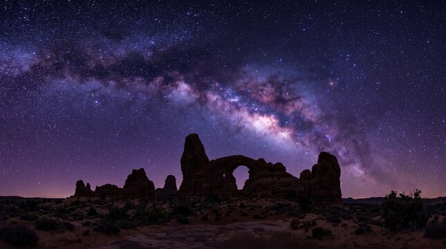 starry night night sky galaxy milky way stars desert landscape rock formations arches utah arid landscape astronomy space cosmos natural wonder sandstone formations dark sky
