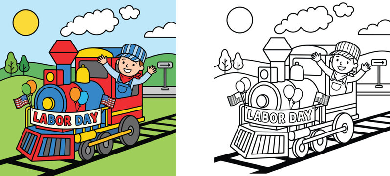 Labor Day coloring book page with colored sample of a cute cartoon train conductor boy waving from a steam engine locomotive with flags and balloons