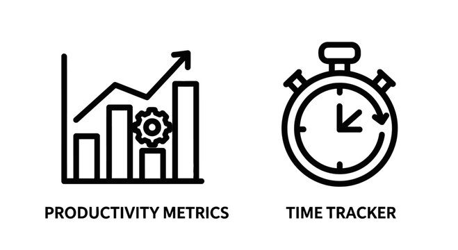Productivity metrics bar chart and time tracker clock icons with productivity business efficiency performance analysis statistics management