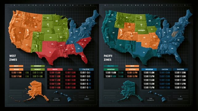 United states map showing different time zone configurations and regional data