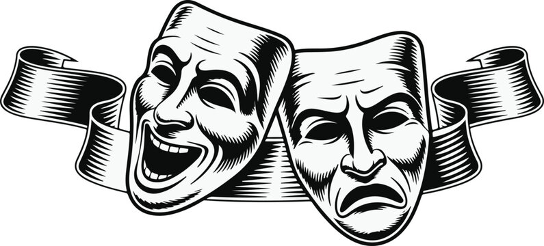 Classic Comedy and Tragedy Theater Masks Engraving Style Vector Illustration with Decorative Ribbon Banner Design