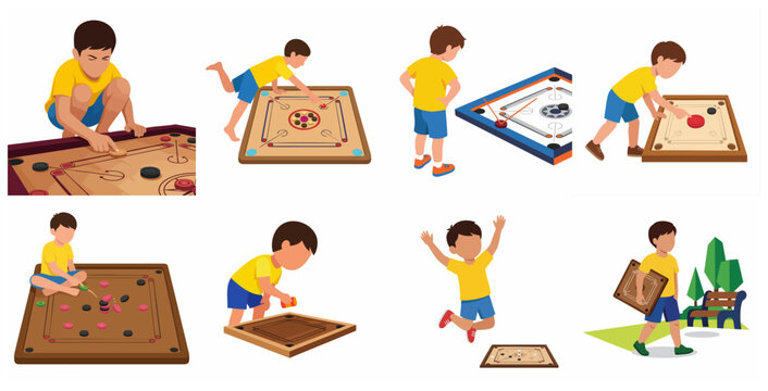 Little boy playing carrom board game set of vector illustrations
