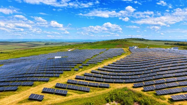 Solar power station situated in vast rural landscape. Panoramic aerial perspective of a solar panel array built on rolling hills under a vibrant blue sky with clouds.