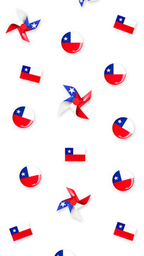 Staggered seamless pattern of Chilean patriotic decorations, traditional national flags, paper pinwheels, and tricolor button badges isolated on transparent background, vertical 9:16 PNG format