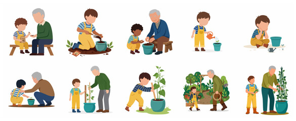 Grandfather and grandson gardening together vector illustration set. Elderly man and child planting seeds, watering pots, and harvesting plants. Educational family bonding concept. © Capital
