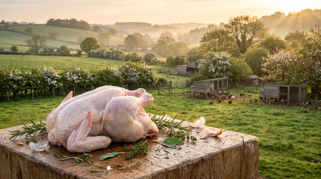 Two plump raw chickens on a wooden stump with herbs in a rural farm setting outdoors
