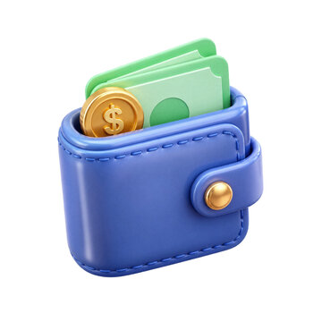 3D rendering of a blue wallet with dollar bills and a gold coin, symbolizing financial wealth and savings