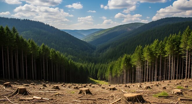 Landscape view of a deforested area with tree stumps and mountains, deforestatio