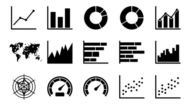 70 Data Visualization Icons Set: Charts, Graphs, World Map, Speedometers, Scatter Plots for Business Analytics and Reporting 100