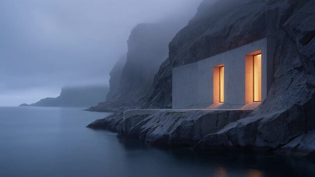 Modern house on rocky cliffside with lit windows at dusk