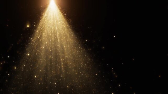 Golden light beam with particles on black background