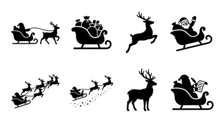 Naklejka premium 70 Santa Claus Sleigh Vector Icons Set, Christmas Reindeer Silhouette Collection, Festive Holiday Delivery Graphics, Winter Season Celebration Elements 100