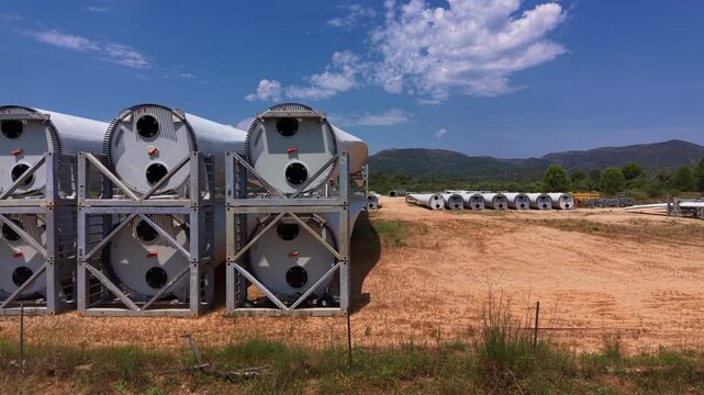 Wind turbine blade root flanges with bolt-circle mounting patterns stacked in metal cradles at a storage yard, Maestrazgo region, Teruel, Spain, with mountains beyond