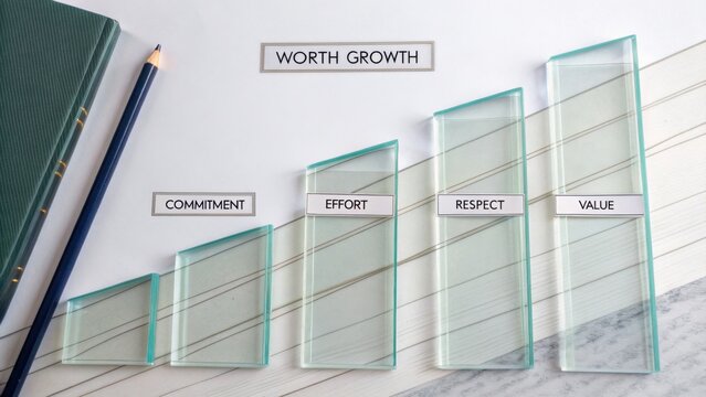 Glass blocks representing worth growth through commitment, respect, effort, and value on a clean white surface