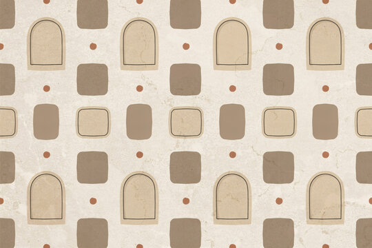 A geometric seamless pattern featuring alternating beige arches and brown squares with small orange dots on a textured stone background