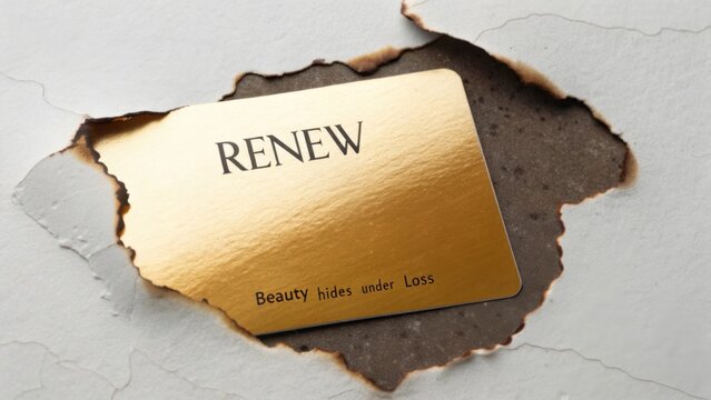 Golden card with the word "Renew" emerging from a cracked wall symbolizes transformation and beauty in the face of loss