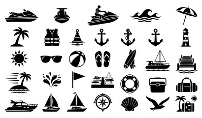 Jet Ski and Beach Recreation Silhouette Icon Set Vector © MDASADUL