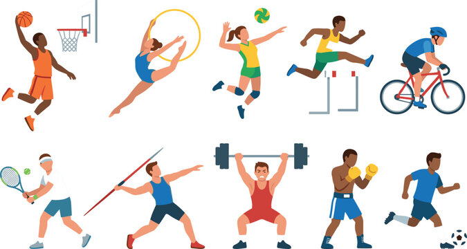 Diverse Athletes and Sports Character Set Featuring Basketball, Gymnastics, Volleyball, Hurdles, Cycling, Tennis, Javelin, Weightlifting, Boxing, and Soccer ActivitiesDiverse Athletes and Sports Chara