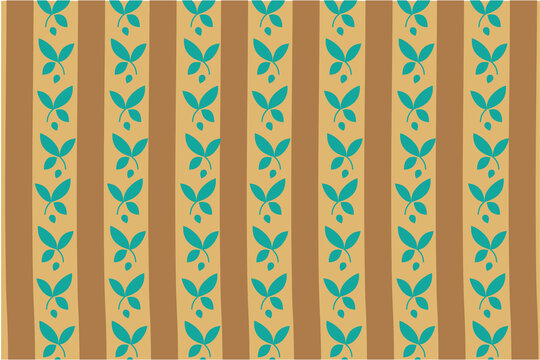 Seamless Vertical Retro Botanical Striped Pattern with Teal Leaves for Textiles