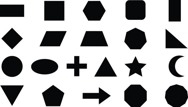 Collection of various geometric shapes on white background  squares circles triangles polygons