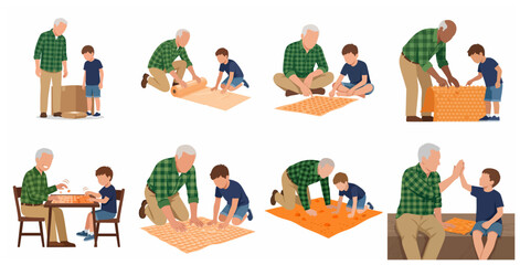 Fototapeta premium Grandfather and grandson bonding while playing and popping bubble wrap together vector illustration set