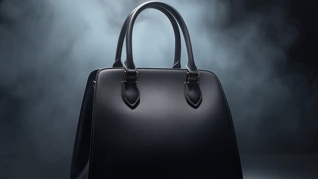 Black leather handbag on dark background with smoke and spotlight