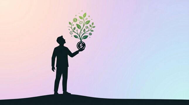Silhouette of a man nurturing a vibrant green sprout emerging from a dollar coin, symbolizing sustainable financial growth, investment, and the bright future of wealth creation and secure prosperity