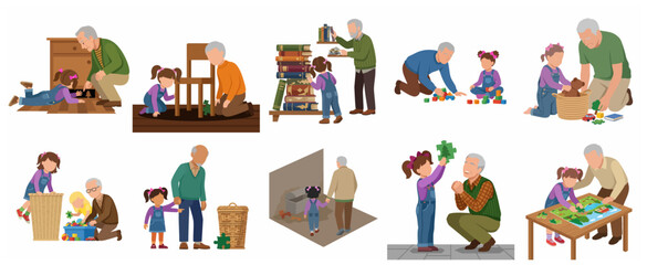 Fototapeta premium Grandfather and Granddaughter Bond: Vector Illustration Set of Family Activities, Playing with Toys, and Home Learning