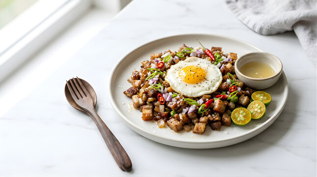 Delicious Filipino Sisig Dish Topped with a Fried Egg and Served with Calamansi and a Side of Sauce on a White Marble Tabletop with a Wooden Spoon