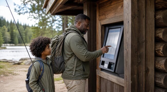 Adult and child using fishing permit kiosk