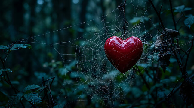 Red heart entangled in a dewy spiderweb