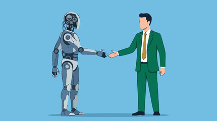 Obraz premium Robot and human businessman shaking hands, symbolizing AI partnership