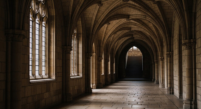 Atmospheric Gothic stone corridor with ribbed vaulted ceilings and arched windows in a historic cathedral