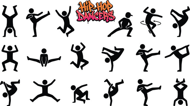 Hip hop dancers stick figure set showing breakdancing poses handstands flips and street dance moves in black vector silhouette