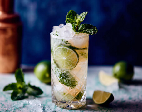 mojito cocktail with white rum, sugar, lime, soda, ice and mint