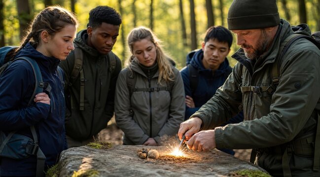 Instructor demonstrating fire starting with ferro rod