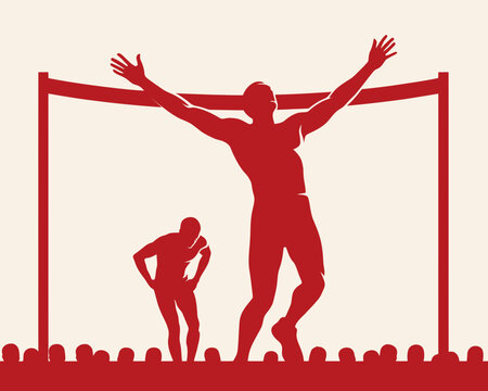 Red silhouette of a triumphant athlete celebrating victory next to a defeated opponent at the finish