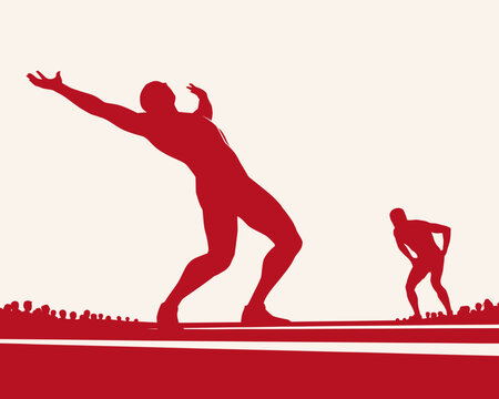 Contrasting red silhouettes of a joyful winning athlete and an exhausted defeated runner on a track