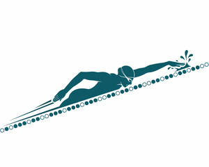 Naklejka premium Professional swimmer silhouette swimming freestyle in a pool lane with markers, teal vector art