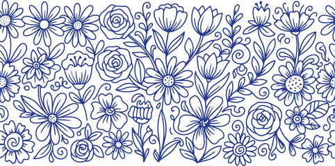 Vector design of a seamless floral pattern with blue flowers and leaves for wallpaper, textile decor, and nature-inspired decorative backgrounds. © MOSTHANUFA