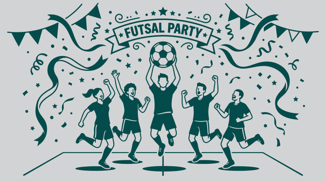 People celebrating a futsal party with joyful movements and a ball in hand.