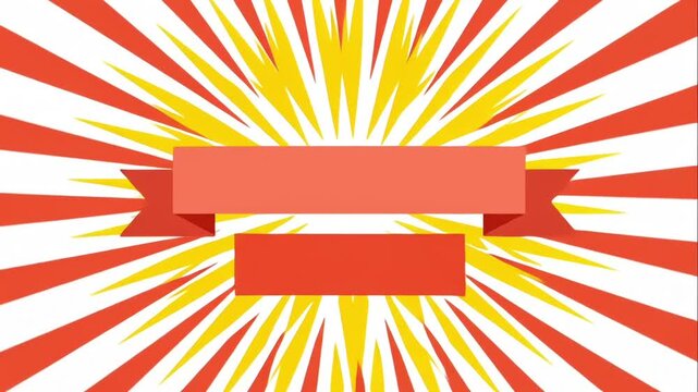 Red ribbon banner template overlay on a spinning yellow and red retro radial sunburst background