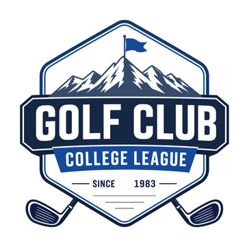 Golf club college league logo with mountain and crossed golf clubs on white background