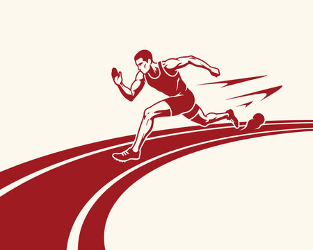 Dynamic red vector illustration of a male sprinter running fast on a curved athletic track