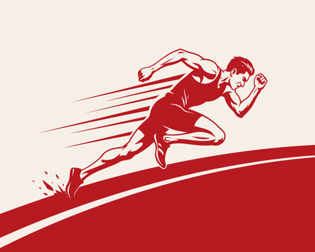 Powerful red vector illustration of a professional sprinter in motion on a running track