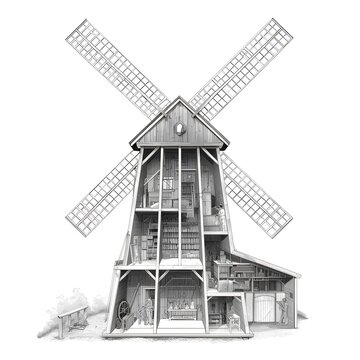 Traditional windmill illustration in black and white line art. Vintage Dutch-style grain mill with detailed sails and wooden structure for architec...
