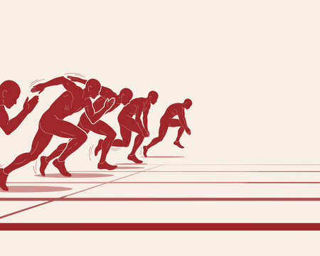 Sequential motion illustration of male sprinters accelerating from the start line on an athletic track
