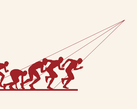 Dynamic red silhouettes of sprinters accelerating in a race with perspective lines and minimalist style